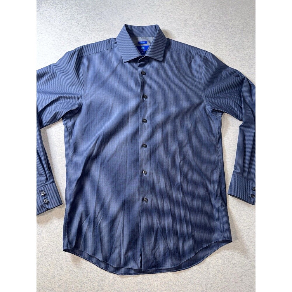 Egara Non-Iron Men's Med Slim Blue/Gray Striped Dress Shirt Long Sleeve